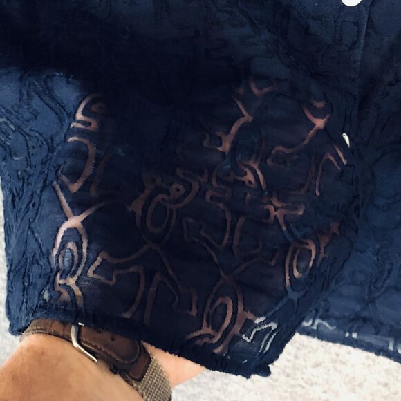 Alfred Dunner Blouse Womens 12 Navy Blue Semi Sheer Lace Geometric Button-Down - Picture 5 of 11